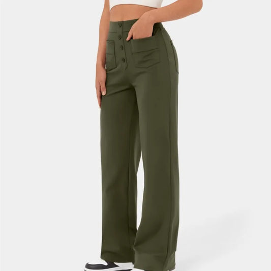 Fashion New Women'S Straight-Leg Casual Pants High-Waisted Buttoned Elastic Pockets Multiple Pockets Solid Pants