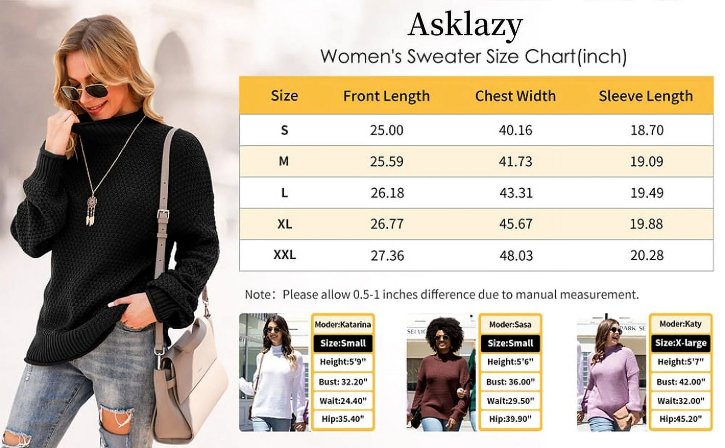 Women'S Turtleneck Oversized Sweaters Batwing Long Sleeve Pullover Loose Chunky Knit Jumper
