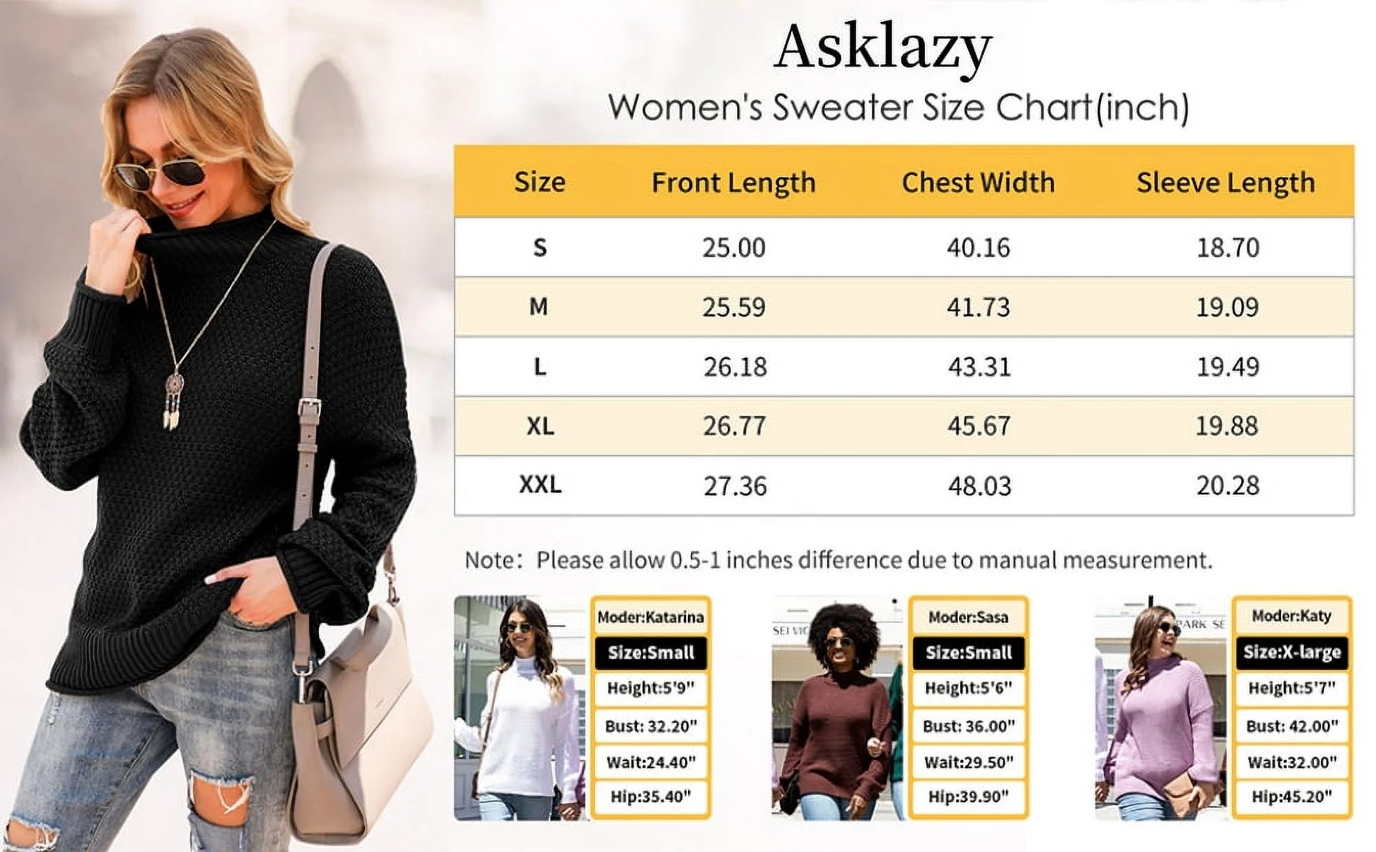 Women'S Turtleneck Oversized Sweaters Batwing Long Sleeve Pullover Loose Chunky Knit Jumper