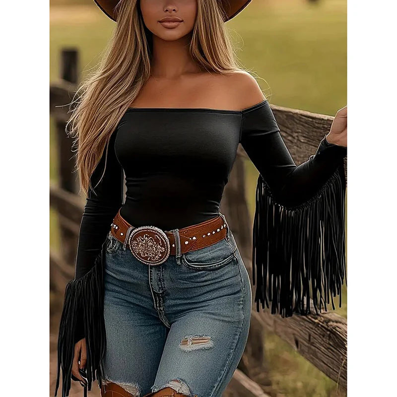 Ladies Western Denim Girls Off-The-Shoulder Fringed Top