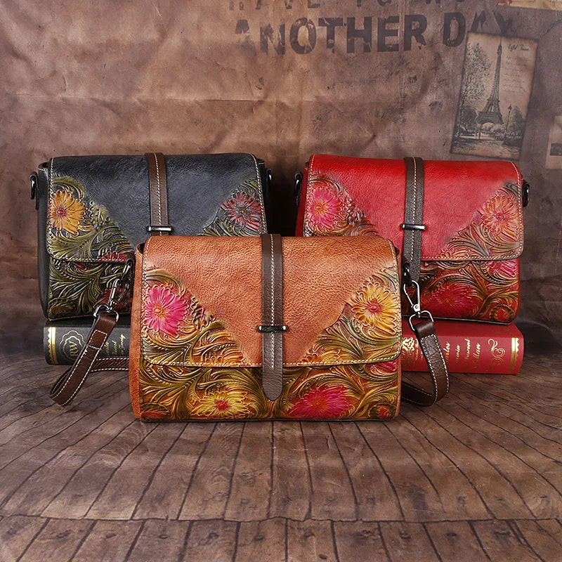 Vintage Leather Crossbody Bag for Women Genuine Leather Small Shoulder Bag Handmade Embossed Luxury Messenger Purse