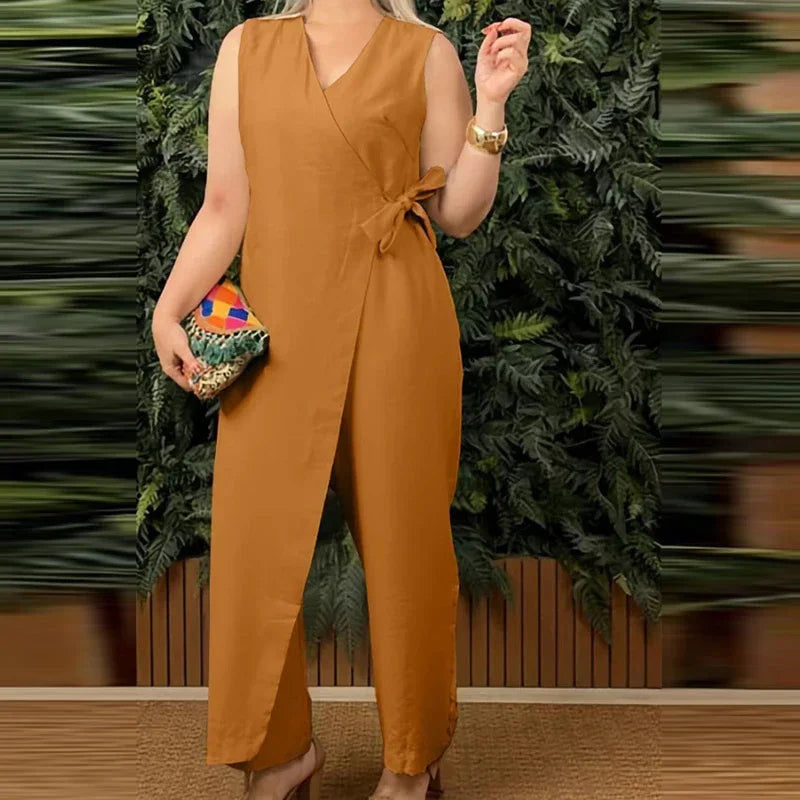 Women'S Casual V-Neck Cross Strap Jumpsuit Streetwear Loose Romper Elegant Lace up Sleeveless Hollow Out Solid Office Jumpsuits