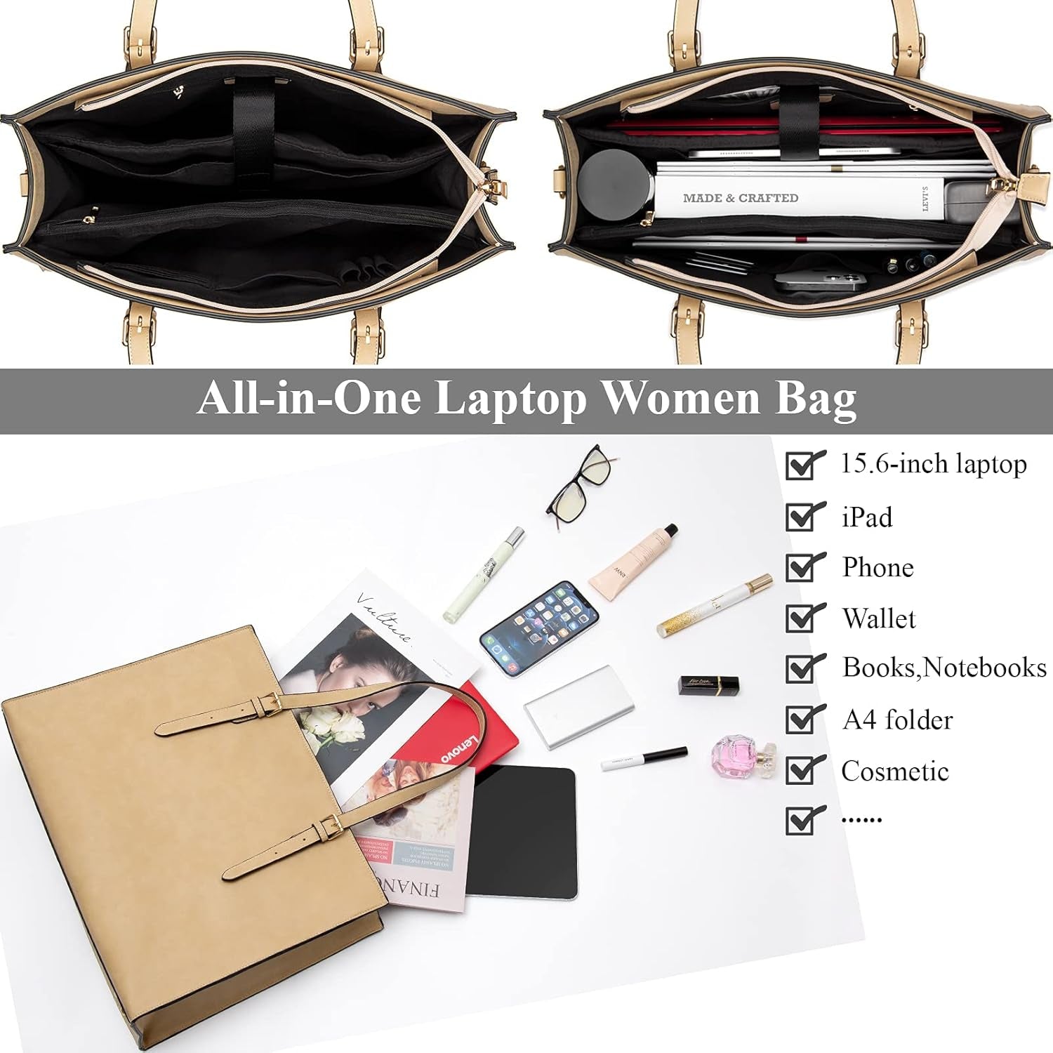 Laptop Bag for Women 15.6 Inch Laptop Tote Bag Leather Classy Computer Briefcase for Work Waterproof Handbag Professional Shoulder Bag Women Business Office Bag