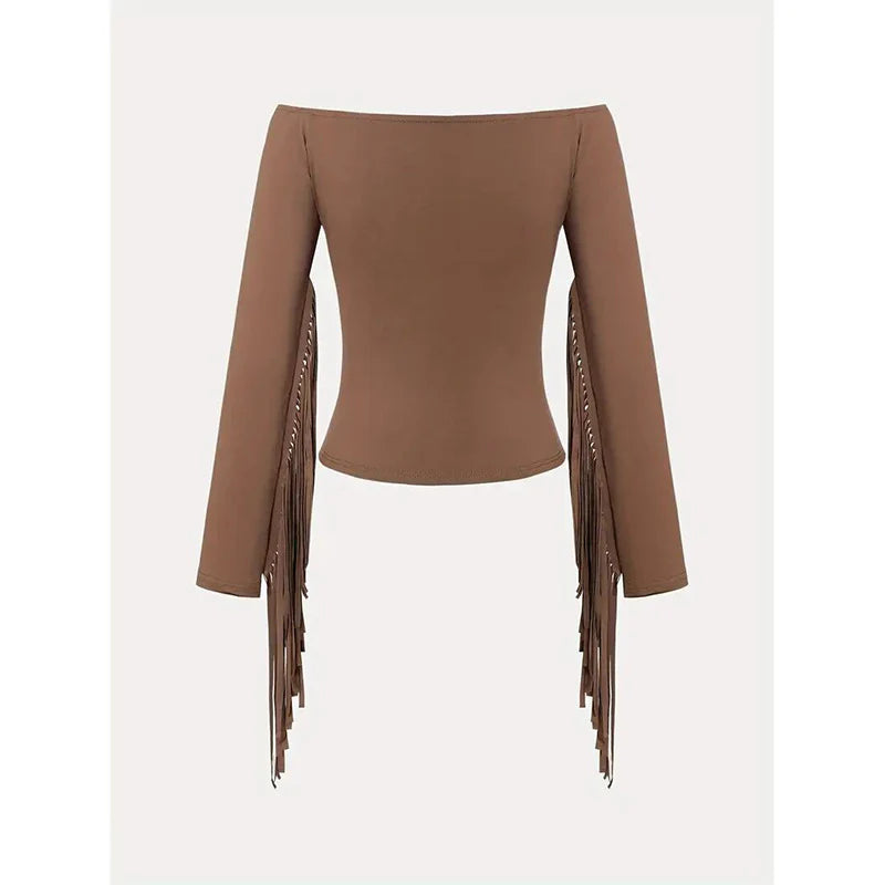 Ladies Western Denim Girls Off-The-Shoulder Fringed Top