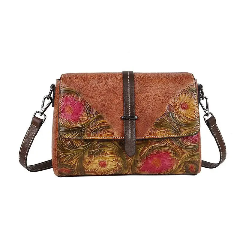 Vintage Leather Crossbody Bag for Women Genuine Leather Small Shoulder Bag Handmade Embossed Luxury Messenger Purse