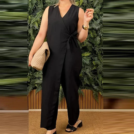 Women'S Casual V-Neck Cross Strap Jumpsuit Streetwear Loose Romper Elegant Lace up Sleeveless Hollow Out Solid Office Jumpsuits