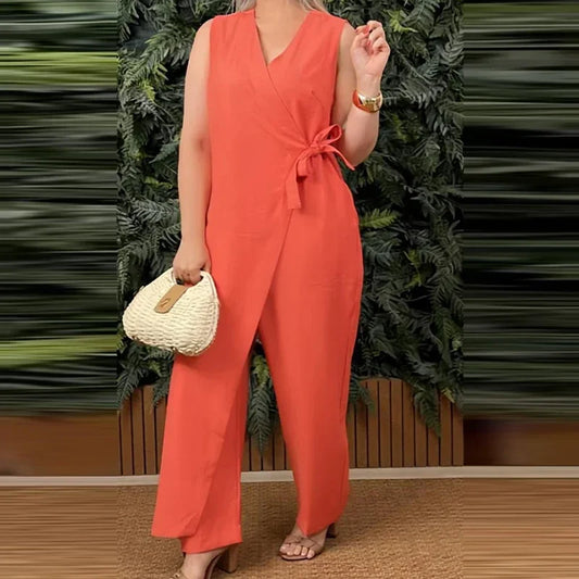 Women'S Casual V-Neck Cross Strap Jumpsuit Streetwear Loose Romper Elegant Lace up Sleeveless Hollow Out Solid Office Jumpsuits