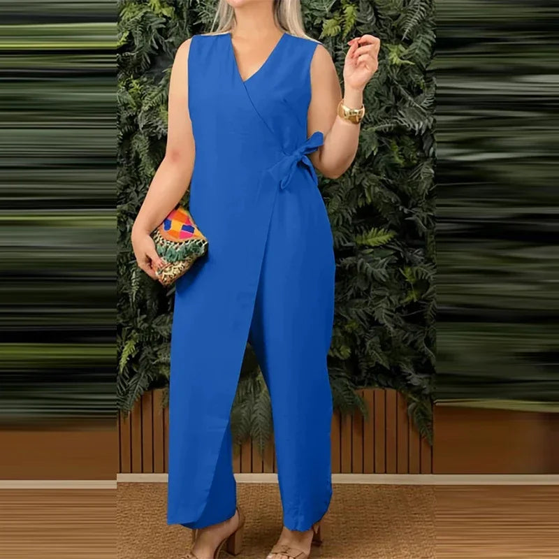 Women'S Casual V-Neck Cross Strap Jumpsuit Streetwear Loose Romper Elegant Lace up Sleeveless Hollow Out Solid Office Jumpsuits