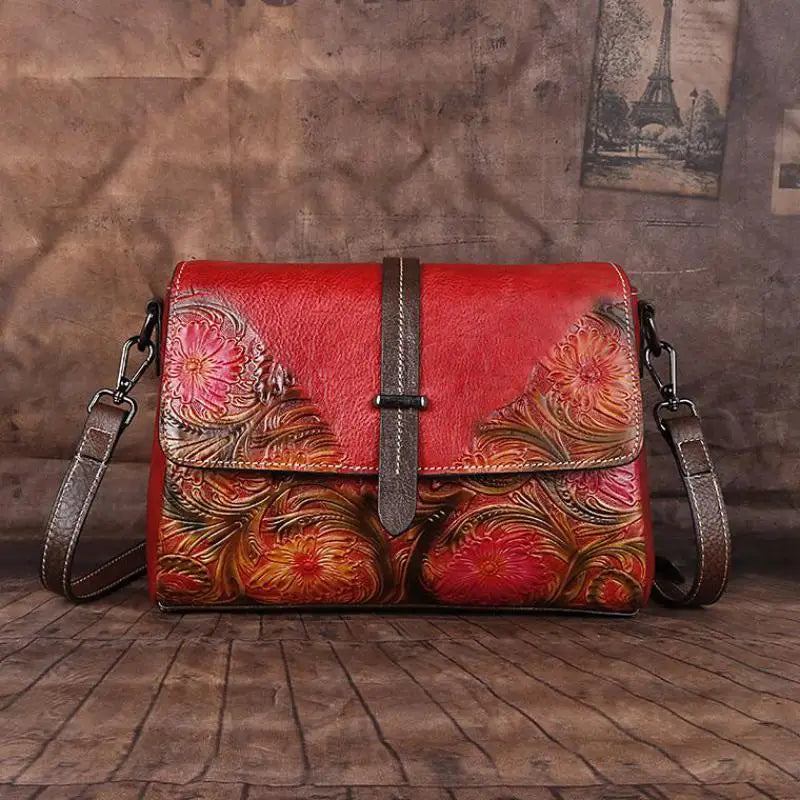 Vintage Leather Crossbody Bag for Women Genuine Leather Small Shoulder Bag Handmade Embossed Luxury Messenger Purse