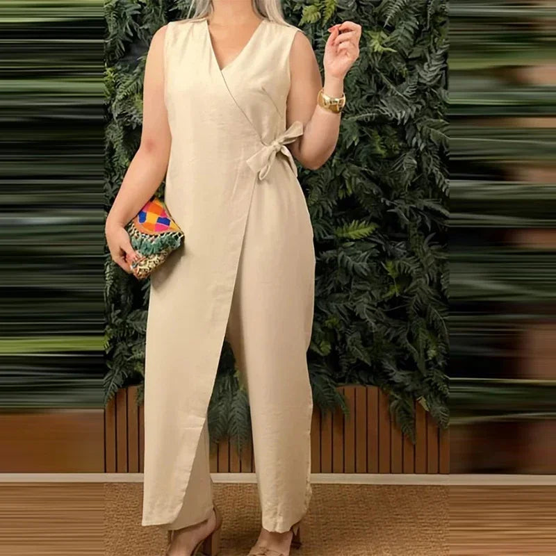 Women'S Casual V-Neck Cross Strap Jumpsuit Streetwear Loose Romper Elegant Lace up Sleeveless Hollow Out Solid Office Jumpsuits