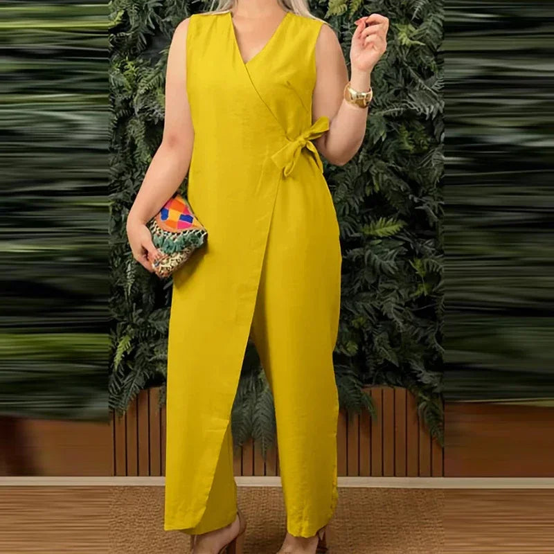 Women'S Casual V-Neck Cross Strap Jumpsuit Streetwear Loose Romper Elegant Lace up Sleeveless Hollow Out Solid Office Jumpsuits