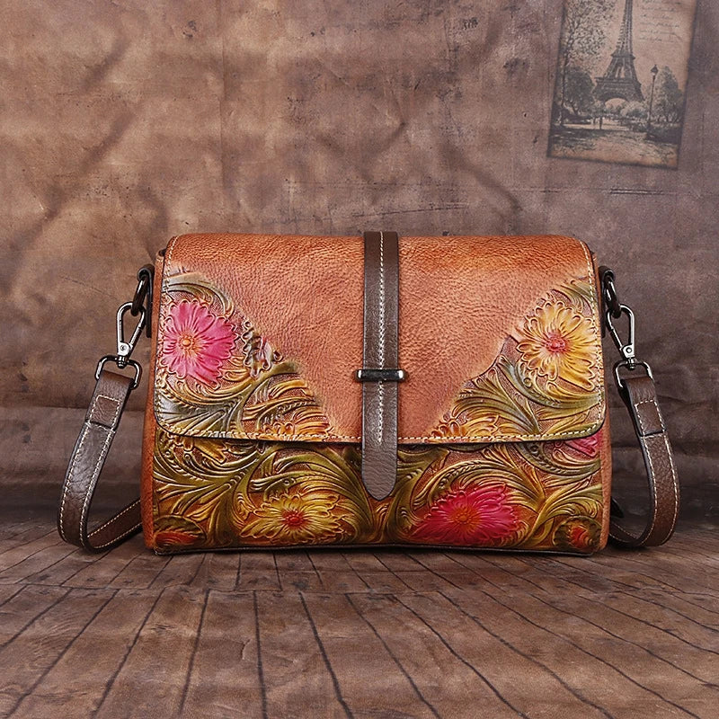 Vintage Leather Crossbody Bag for Women Genuine Leather Small Shoulder Bag Handmade Embossed Luxury Messenger Purse